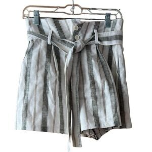 NWT Gilli Striped Paperbag Shorts S‎ Olive Green Linen Blend Belted High Rise